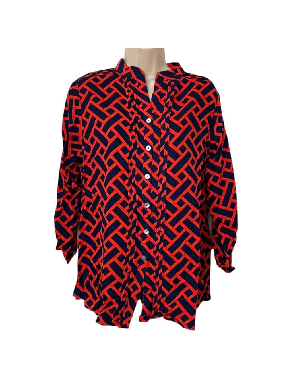 Escapada Amanda Top Womens Nile Navy Coral Geometric 3/4 Sleeve Button Up Size M